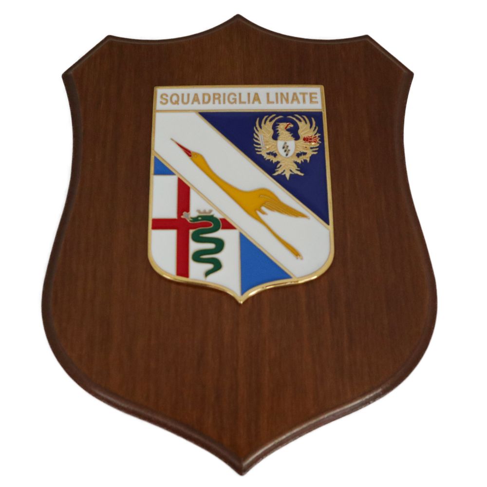 CREST IN METALLO SMALTATO BASE LEGNO 22,5X17,5CM SQUADRIGLIA LINATE AERONAUTICA MILITARE