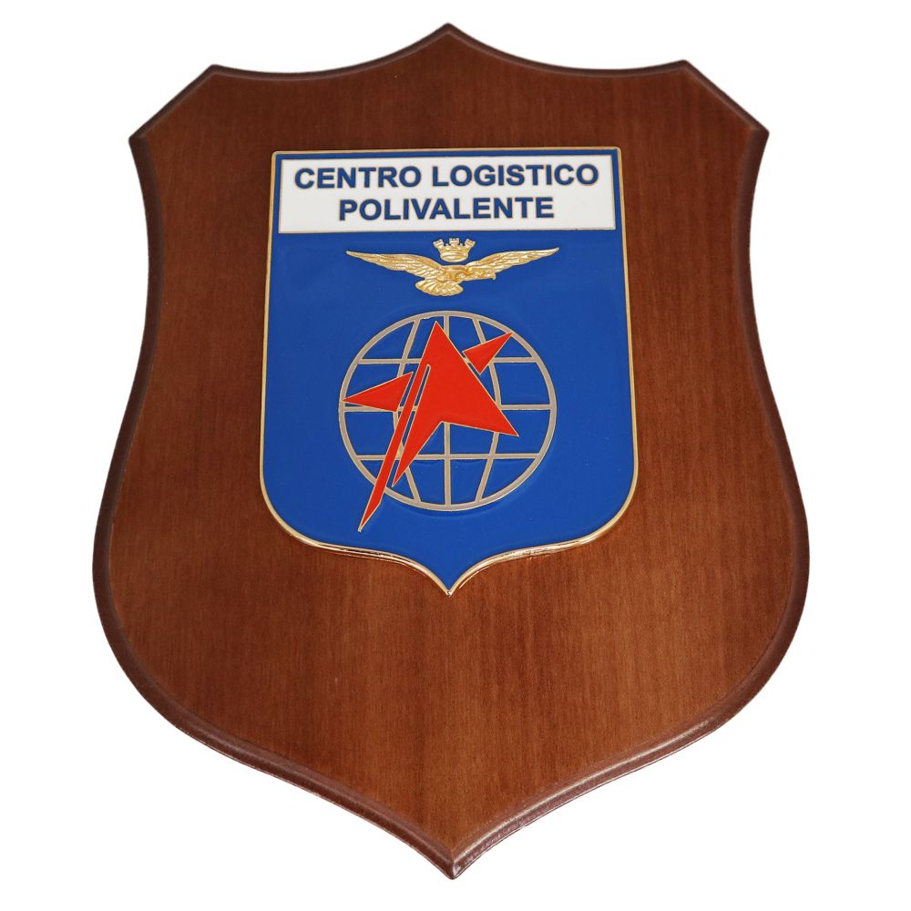 CREST IN METALLO SMALTATO BASE LEGNO 22,5X17,5CM CENTRO LOGISTICO POLIVALENTE AERONAUTICA MILITARE