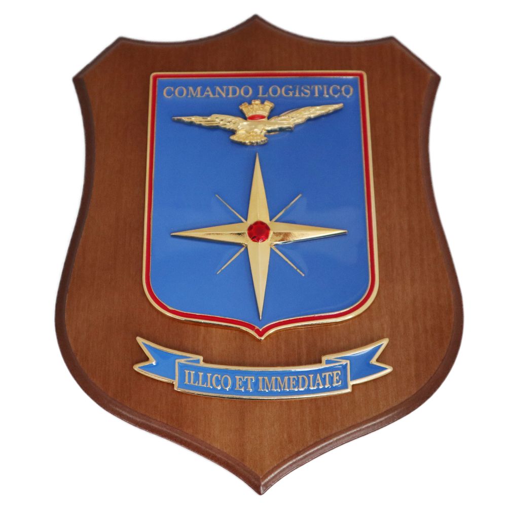 CREST IN METALLO SMALTATO BASE LEGNO 22,5X17,5CM COMANDO LOGISTICO AERONAUTICA MILITARE