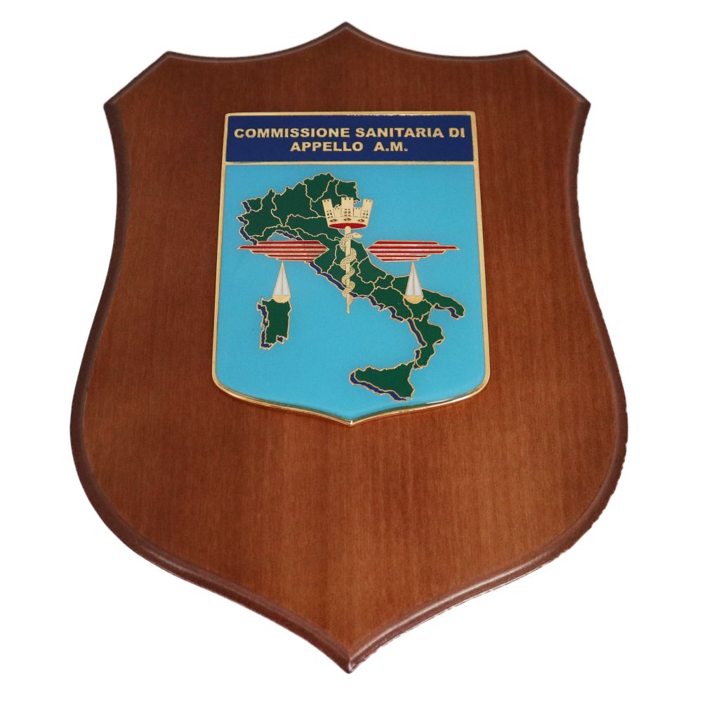 CREST IN METALLO SMALTATO BASE LEGNO 22,5X17,5CM COMMISSIONE SANITARIA DI APPELLO AERONAUTICA MILITARE
