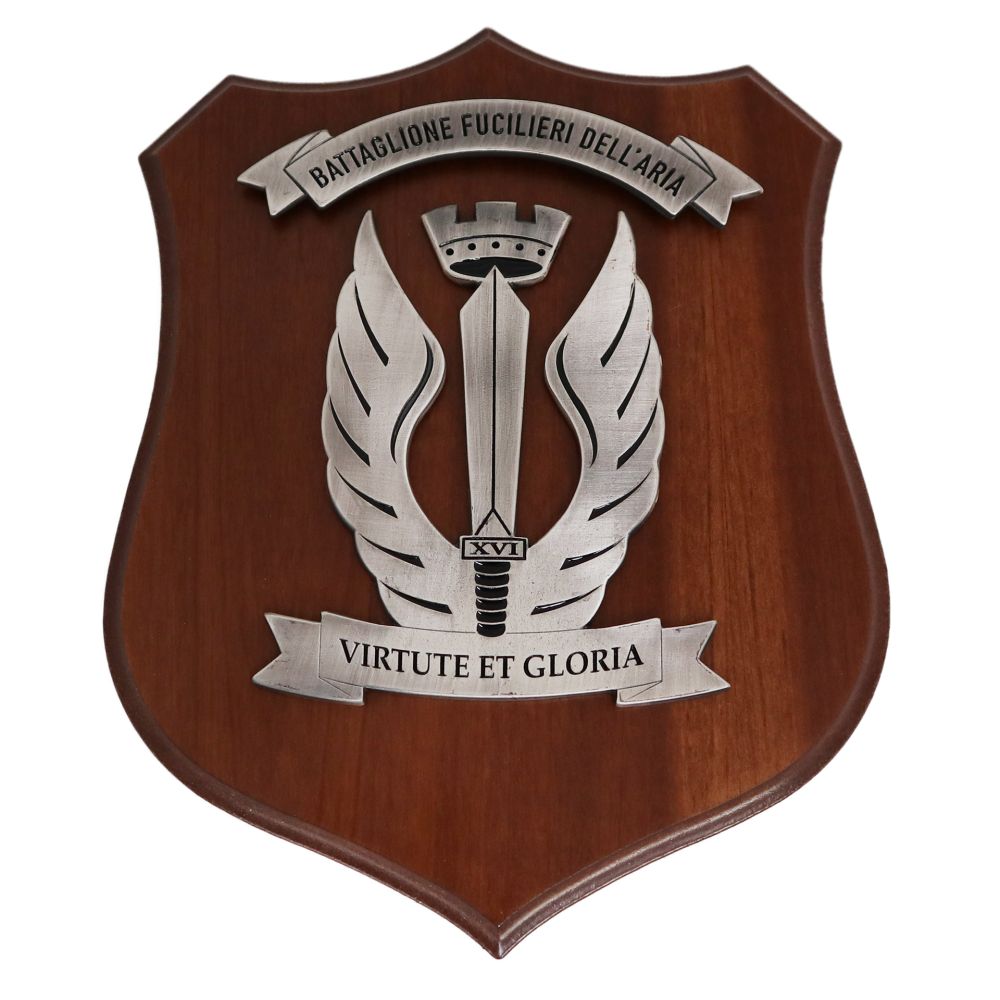 CREST IN METALLO SMALTATO BASE LEGNO 22,5X17,5CM BTG FUCILIERI AERONAUTICA MILITARE