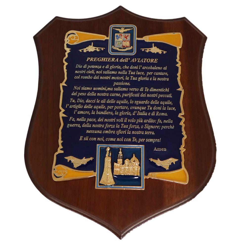 CREST IN METALLO SMALTATO BASE LEGNO 22,5X17,5CM PREGHIERA AVIATORE AERONAUTICA MILITARE