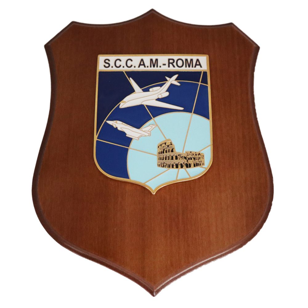 CREST IN METALLO SMALTATO BASE LEGNO 22,5X17,5CM SCCAM ROMA AERONAUTICA MILITARE