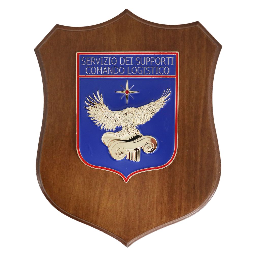 CREST IN METALLO SMALTATO BASE LEGNO 22,5X17,5CM SERVIZIO SUPPORTI COMANDO LOGISTICO AERONAUTICA MILITARE