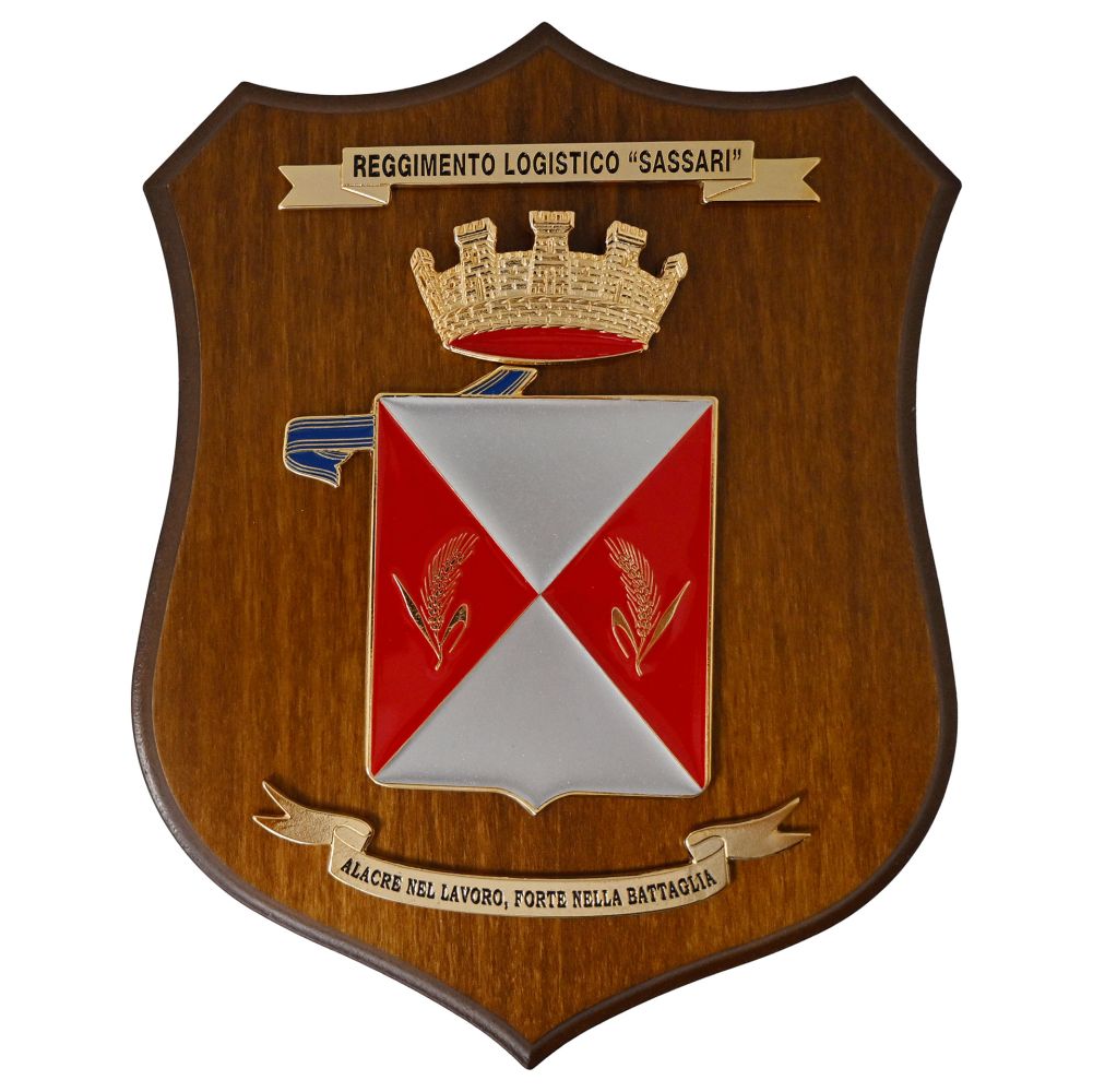 CREST IN METALLO SMALTATO BASE LEGNO 22,5X17,5CM RGT LOGISTICO SASSARI ESERCITO ITALIANO