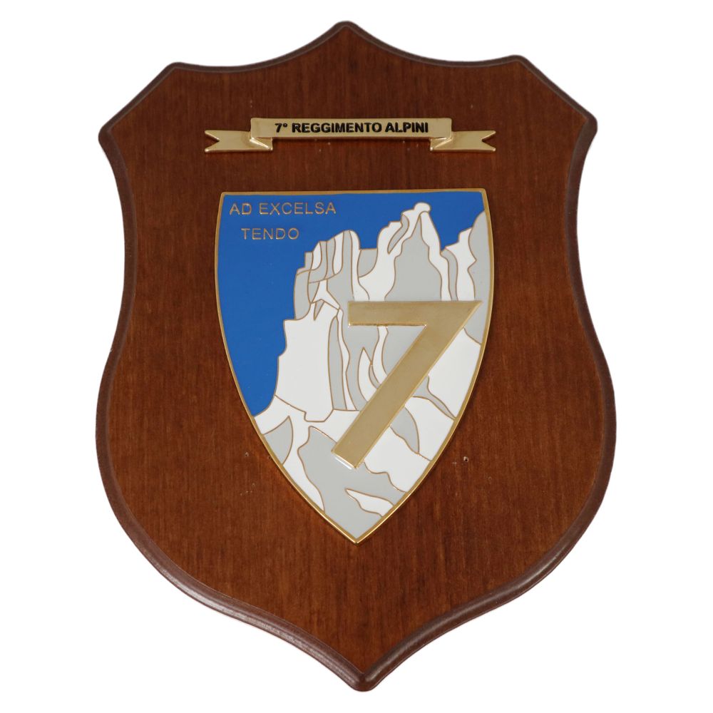 CREST IN METALLO SMALTATO BASE LEGNO CL12 25X18CM 7 RGT ALPINI ESERCITO ITALIANO