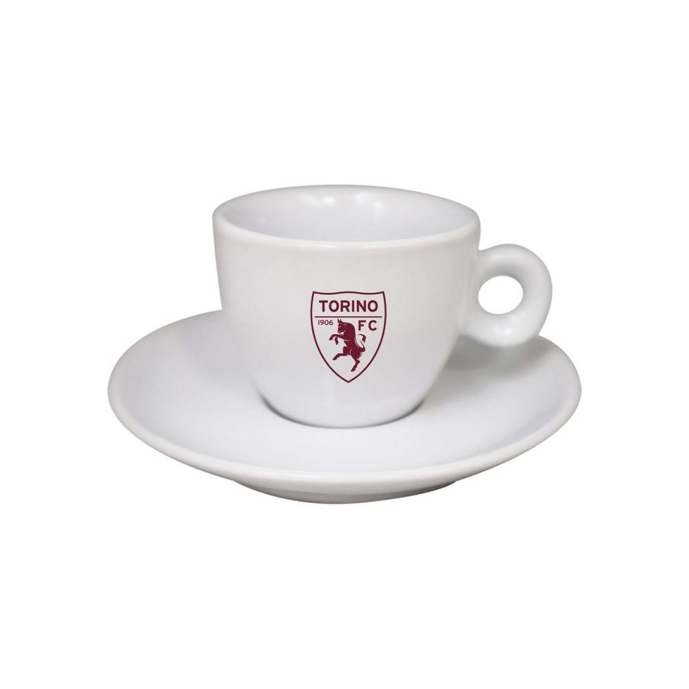 TAZZINA DA CAFFE CLASSICA CON PIATTINO LOGO STAMPATO 1 COLORE GRANATA SU