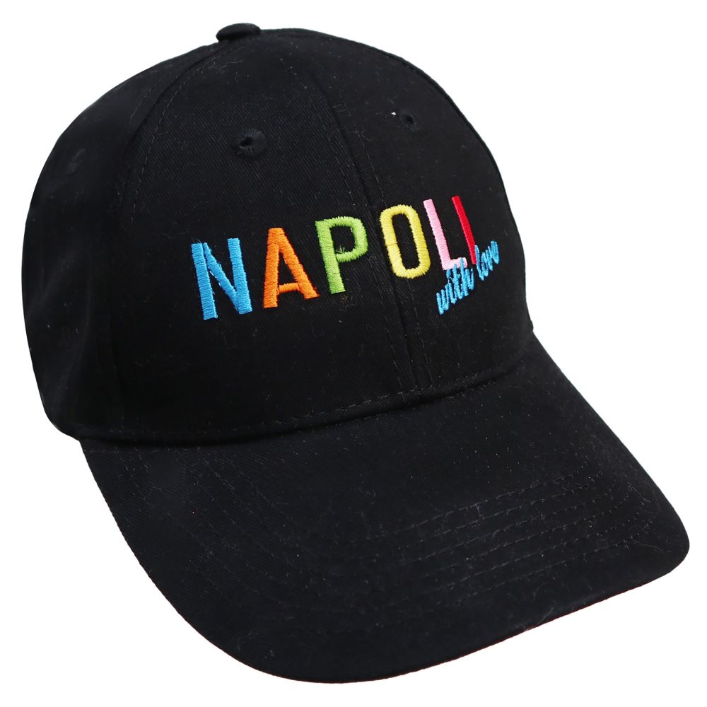 CAPPELLINOCON VISIERA IN COTONE NERO, RICAMO NAPOLI WITH LOVE