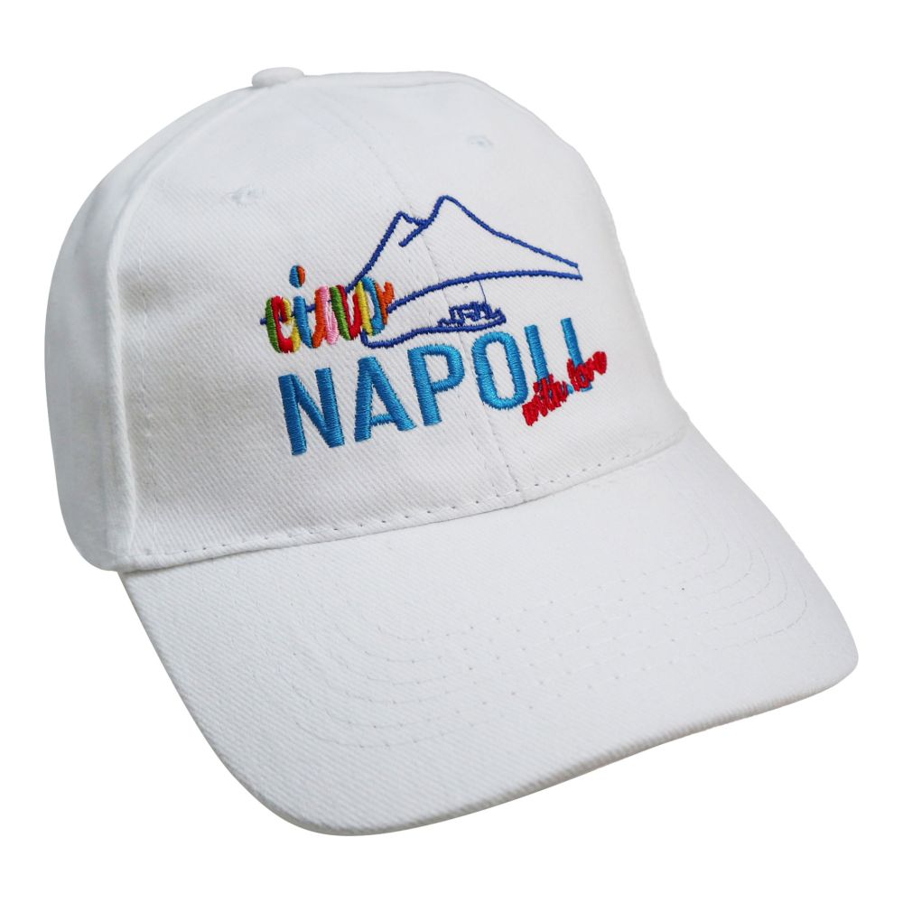 CAPPELLINOCON VISIERA IN COTONEBIANCO, RICAMO CIAO NAPOLI WITH LOVE