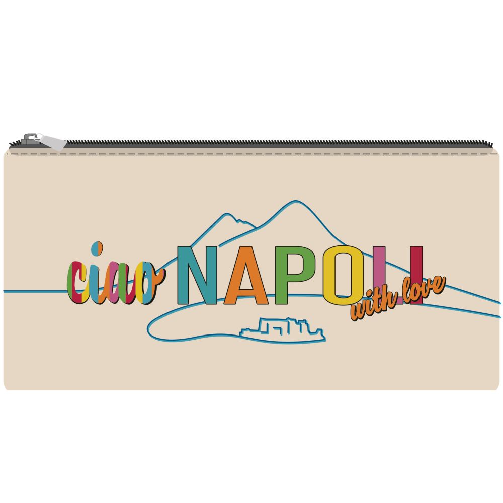 PORTAPENNE IN ECOPELLE BEIGE 20X9CM STAMPA BIFACCIALE NAPOLI WITH LOVE