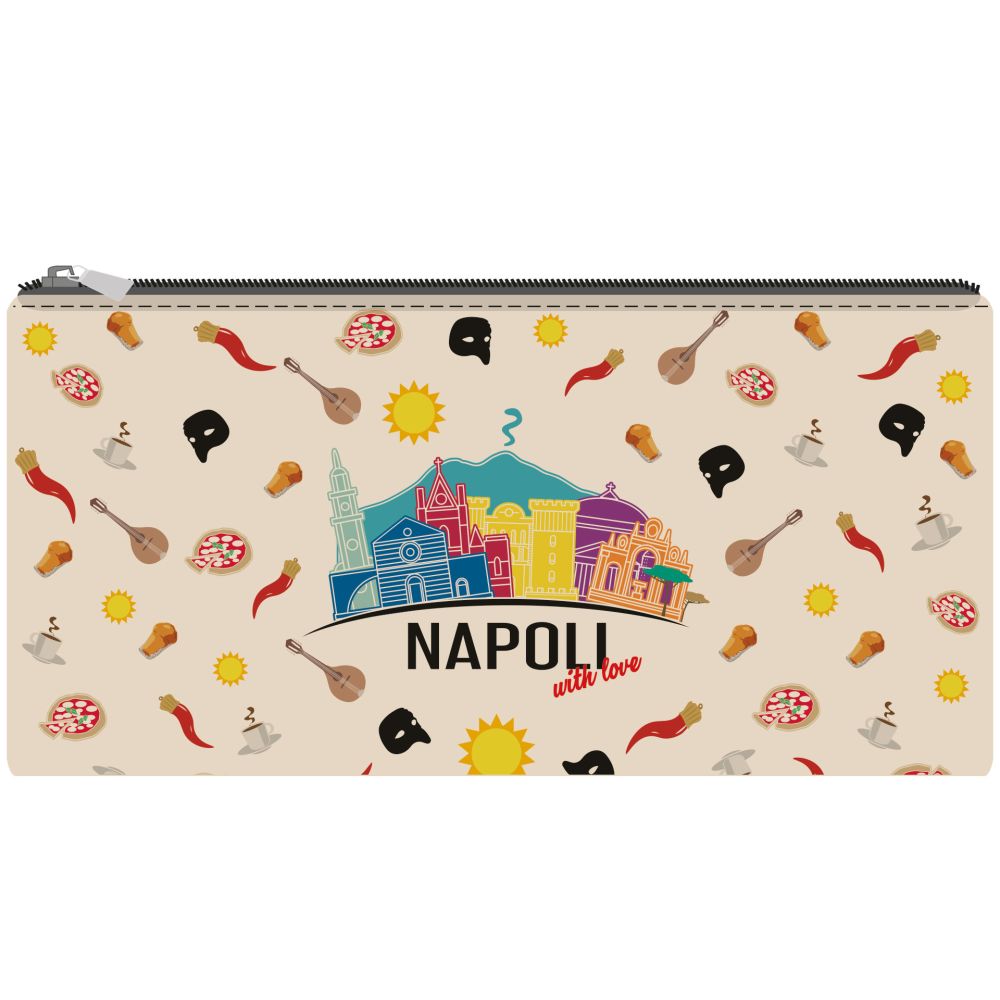 PORTAPENNE IN ECOPELLE BEIGE 20X9CMSTAMPA BIFACCIALE NAPOLI WITH LOVE