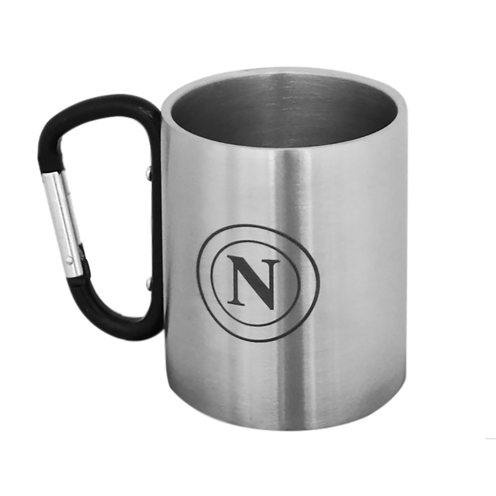 MUG IN ACCIAIO CON MOSCHETTONE. CON LOGO NAPOLI INCISO A LASER SU UN SOL