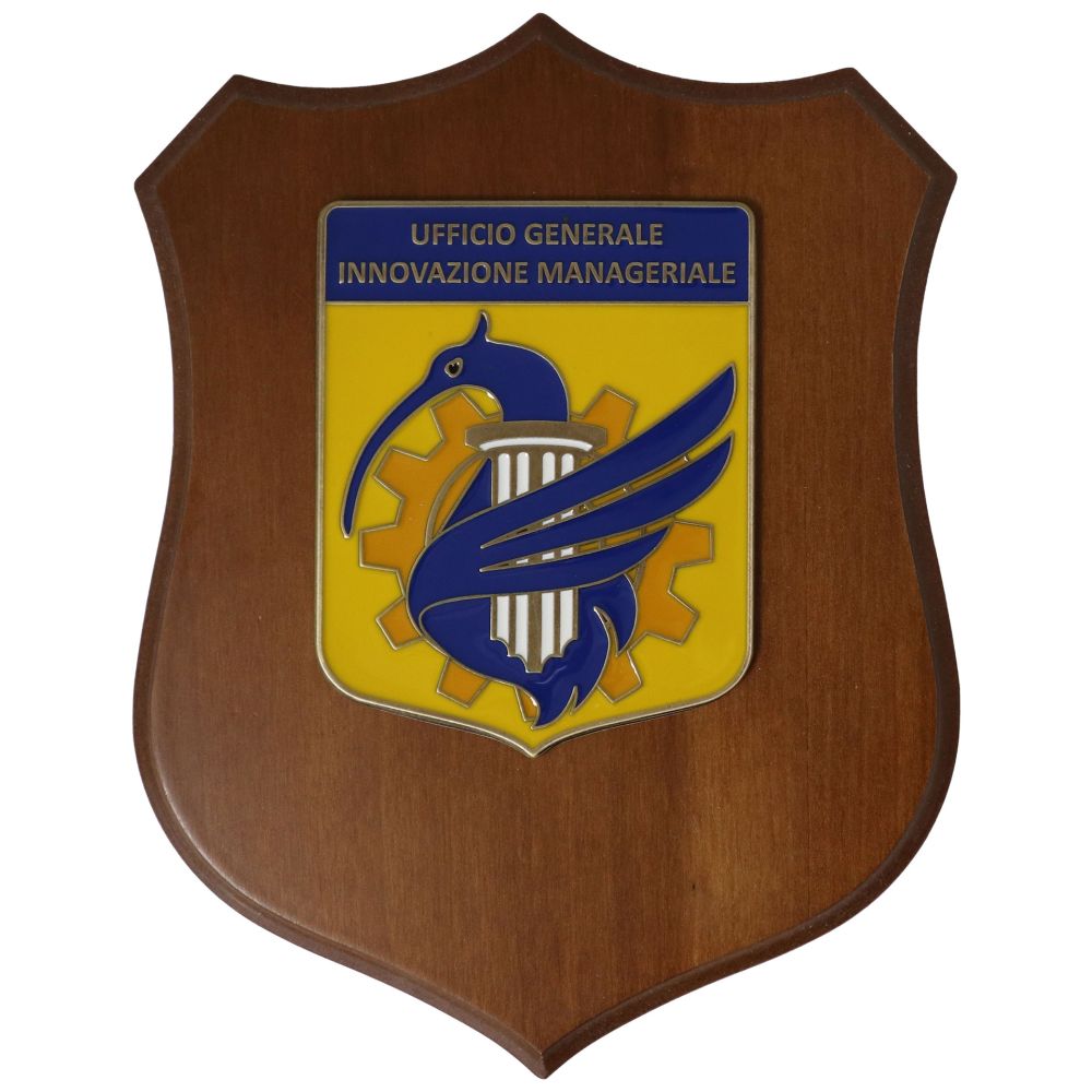 CREST IN METALLO SMALTATO BASE LEGNO 22,5X17,5CM UFFICIO GENERALE INNOVAZIONE MANAGERIALE AERONAUTICA MILITARE