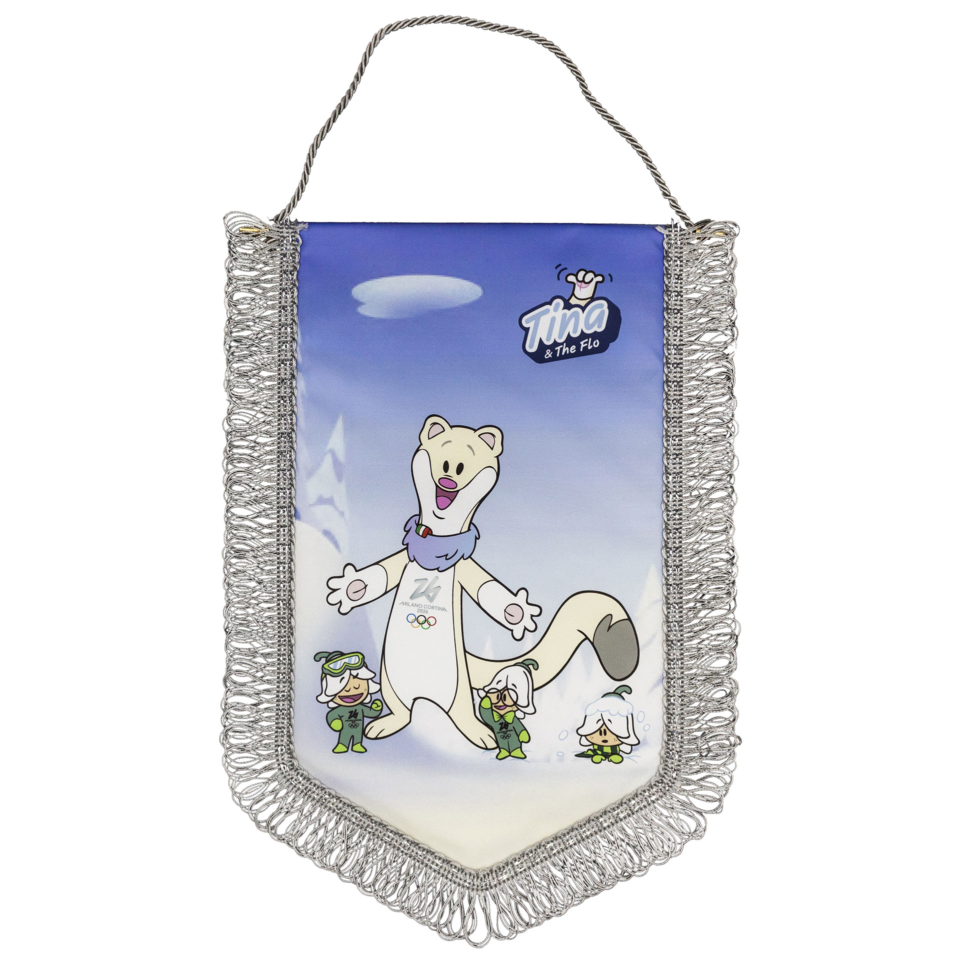 GAGLIARDETTO PENTAGONALE MIS. 20X28 FRANGIA ARGENTO FONDO MONTAGNA CON M